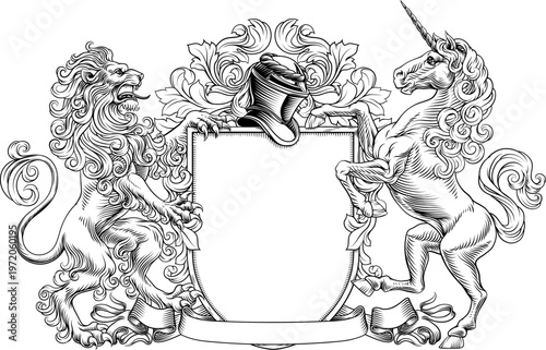 A unicorn and lion coat of arms or crest family heraldry medieval heraldic knight shield with helmet and acanthus filigree scroll ornament in a vintage woodcut style.