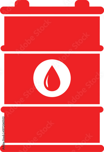 Vector graphic illustration of a black oil barrel with a white circle and a droplet symbol on its side, representing petroleum or fuel storage in a simple design.