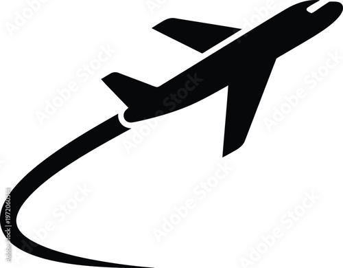 Black silhouette of an airplane hooked like a fishing lure in mid ascent vector graphic illustration