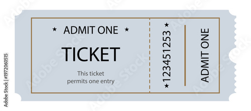 Standard admission ticket graphic vector featuring permit text and unique serial number. Blue paper background with gold frame and clean typography elements.