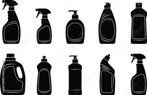 Vector graphic illustration of ten various cleaning product bottles and sprayers in black on white background for design and decoration purposes easily