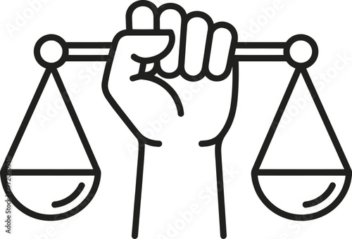 Vector graphic illustration of a clenched fist holding scales, symbolizing justice and balance with a bold design element.