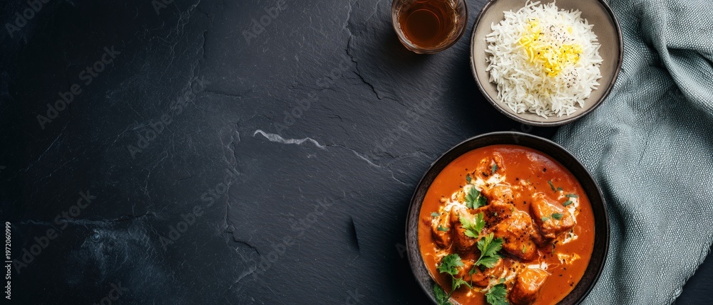 © Marta P. (Milacroft) - Top View of Classic Indian Butter Chicken With Basmati Rice In Rich Creamy Curry Sauce, Contemporary Heritage Style Food Photography With Copy Space