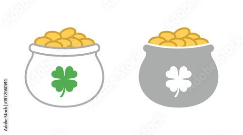 Vector graphic illustration of two pots filled with gold coins and clover symbols on St Patricks Day