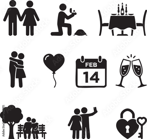 Valentine's Day icons featuring couples, love symbols, and romantic gestures