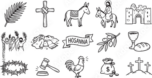 Palm Sunday illustrations, Easter symbols, and Christian icons