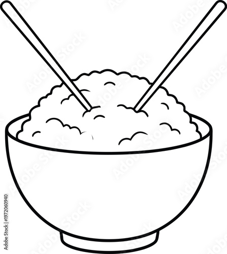 A bowl of rice with chopsticks inserted, simple vector graphic design