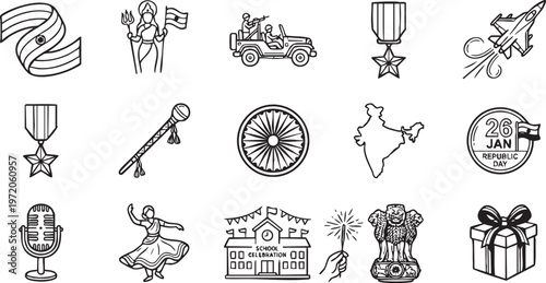 Republic Day India celebration icons with symbols of patriotism and national pride
