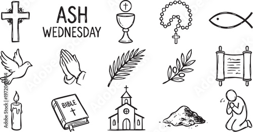 Ash Wednesday symbols and icons for Christianity and Lent