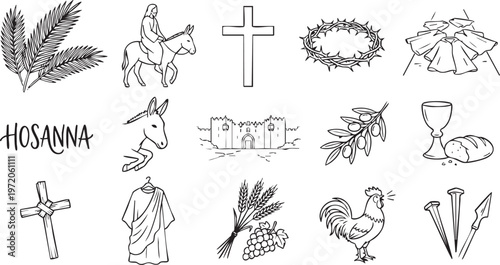 Palm Sunday illustrations, Easter symbols, and biblical elements