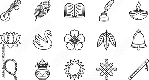 Indian cultural symbols and icons in simple line art style
