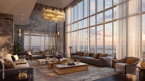Elegant penthouse living room with expansive city view, modern furniture, and warm lighting