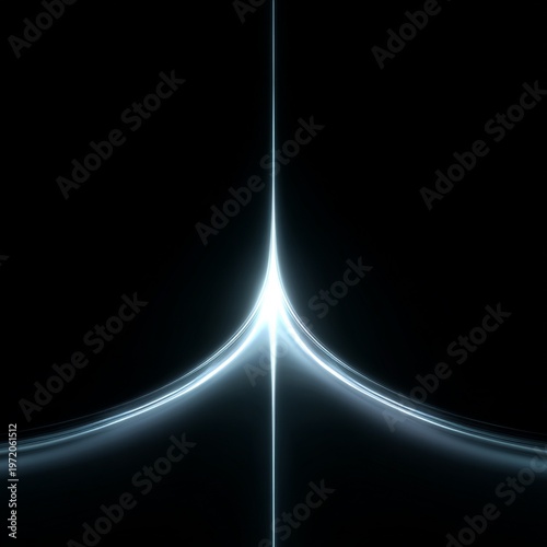 Line with an angle of light from which a bright curved pattern emerges, image with black background and copyspace