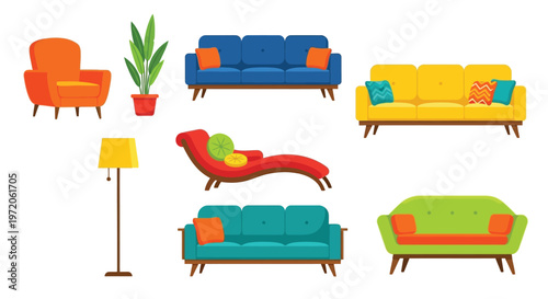 A vibrant collection of modern and comfortable living room furniture, including stylish sofas, an inviting armchair, a chic chaise lounge, and essential decor elements like a floor lamp and a potted p