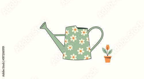 Light green watering can decorated with white daisies stands next to a small potted tulip on a plain background.