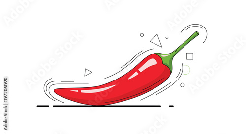 Single hot red chili pepper with a green stem is depicted in a stylish vector illustration on a white background.