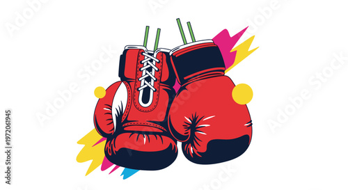 Pair of professional red boxing gloves with white laces set against a dynamic and colorful energetic background.