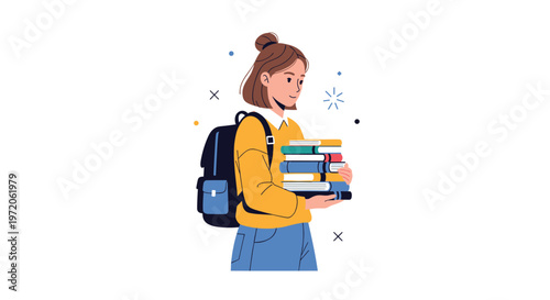 Young student woman with a blue backpack is carrying a tall stack of diverse books, representing academic hard work.