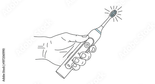 Hand holding a modern electric toothbrush in an upright position shows it is active and ready for use in the morning.