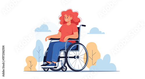 Empowered woman with red hair sits in a wheelchair in a peaceful park setting with soft clouds and colorful trees for inclusive themes.