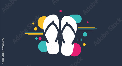 Pair of white flip flops is centered on a dark background filled with colorful abstract circles and geometric patterns for summer themes.