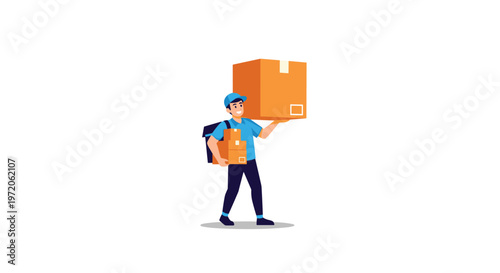Smiling delivery man in a blue uniform carries several cardboard boxes and a backpack to fulfill a customer order in an efficient manner.