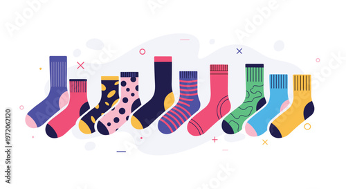 Fun variety of colorful patterned socks including stripes, dots, and abstract shapes are displayed in a row on a clean white background.
