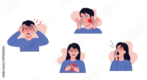 Group of people experiencing different common ailments such as headache, toothache, heart pain, and sore throat in a medical illustration.