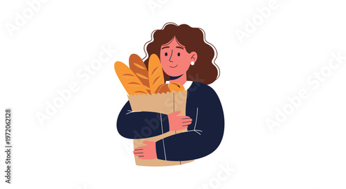 Young woman with brown hair happily hugs a large paper bag overflowing with fresh French baguettes and bread from a local village bakery.