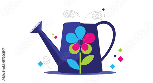 Vibrant blue watering can decorated with a colorful flower design sits surrounded by abstract geometric floating elements for garden ads.