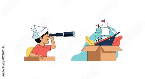 Imaginative young boy wearing a paper hat looks through a telescope at a toy ship inside a cardboard box for a fun childhood adventure.