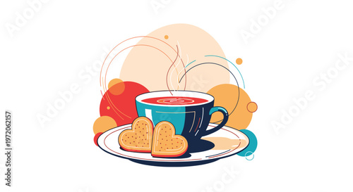 Delicious cup of hot tea or coffee served with heart shaped cookies on a plate with artistic abstract circular background.
