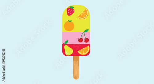 Refreshing frozen fruit popsicle with strawberry, orange, cherry, and pear slices isolated on a light blue summer background.