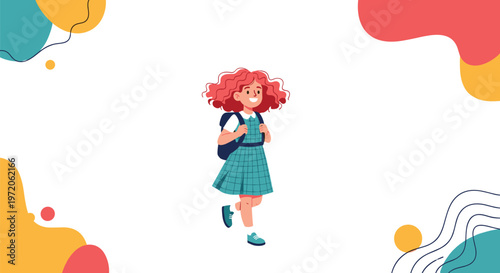 Smiling schoolgirl with red hair wearing a green uniform and blue backpack walking to school against an abstract background.