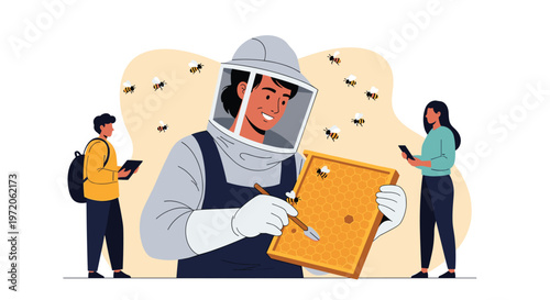 Professional beekeeper in a protective suit showing a honeycomb frame with bees to students during an educational farm tour.