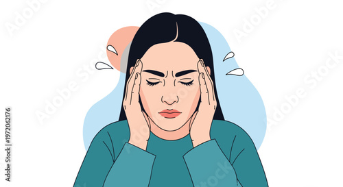 Stressed young woman suffering from a painful headache and migraine touching her head with closed eyes in discomfort and pain.