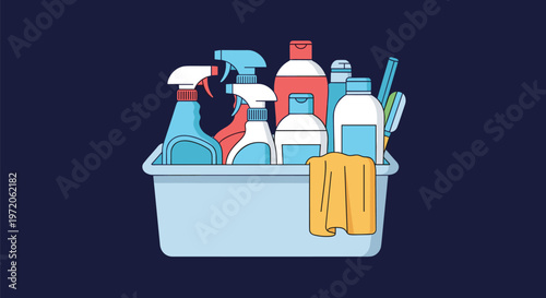 Full plastic basket containing various household cleaning products, bottles, sprays, and sponges for professional house keeping.