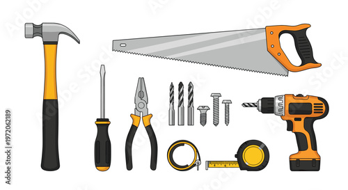 Collection of essential hand tools including a hammer, saw, screwdriver, pliers, and power drill for home repair and diy projects.