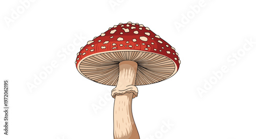 Detailed illustration of a poisonous fly agaric mushroom with a red cap and white spots in a natural forest environment.
