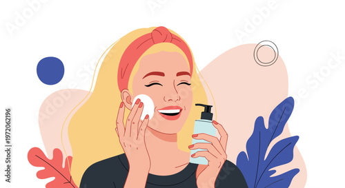 Beautiful young woman with blonde hair smiling while applying facial toner or lotion with a cotton pad for daily skin care.