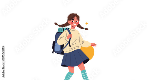 Cheerful girl scout or young hiker with a backpack and sleeping mat walking outdoor during a summer camping trip or adventure.