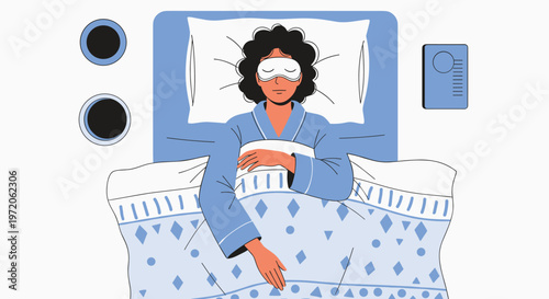 Top view illustration of a woman sleeping peacefully in her bed wearing a blue robe and a white sleep mask with mugs on her nightstand.