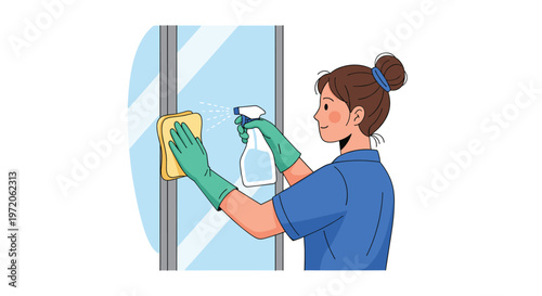 Professional cleaning service worker wearing green rubber gloves and a blue uniform spraying a glass window with detergent and using a sponge.