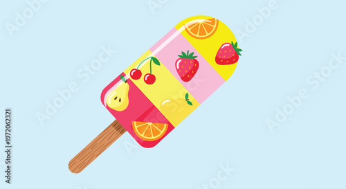 Colorful multi layered fruit popsicle decorated with small illustrations of strawberries pears cherries and orange slices on a blue background.