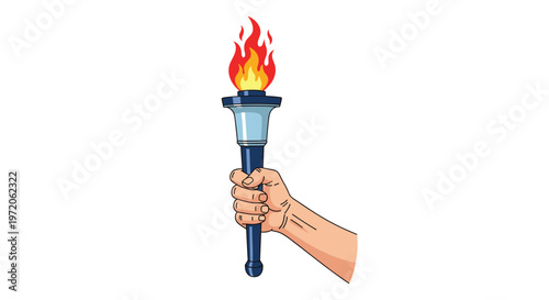 Strong hand holding a lit metallic torch with a bright red and yellow flame symbolizing victory achievement and the spirit of competition.