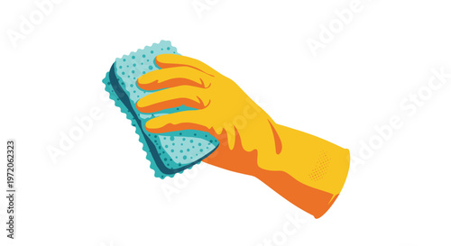 Hand wearing a bright yellow rubber cleaning glove holding a blue rectangular sponge as if wiping a surface in a household chore context.