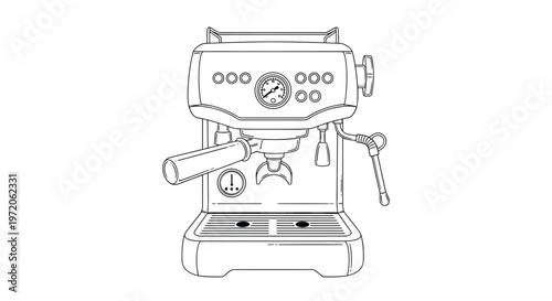 Detailed black and white technical line drawing of a modern home espresso machine featuring various buttons gauges and a portafilter.