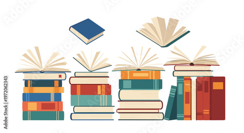 Large selection of hardcover and paperback books arranged in stacks with some open books showing white pages on a clean white background.