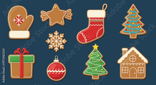 Diverse set of delicious gingerbread cookies shaped like mittens stars stockings trees and houses decorated with colorful icing.