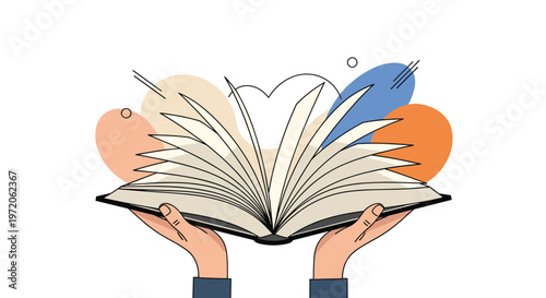 Two hands holding open a large book with pages fanning out against a background of soft pastel colored abstract shapes and lines.